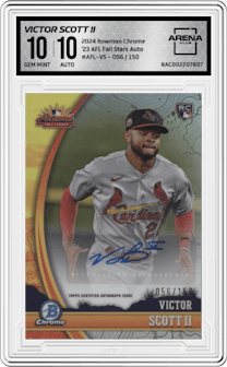 Victor Scott II from the 2024 Bowman Chrome set graded by Arena Club and given an overall grade of 10.