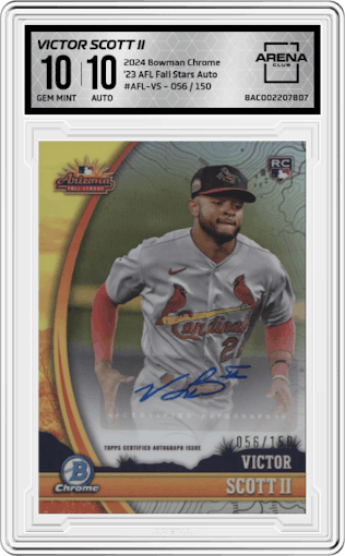 Victor Scott II from the 2024 Bowman Chrome set graded by Arena Club and given an overall grade of 10.