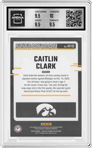 Caitlin Clark from the 2024 Panini Caitlin Clark Collection set featuring a Vortex parallel graded by Arena Club and given an overall grade of 10.