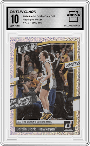 Caitlin Clark from the 2024 Panini Caitlin Clark Collection set featuring a Vortex parallel graded by Arena Club and given an overall grade of 10.