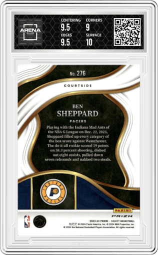 Ben Sheppard from the 2023-24 Panini Select  set featuring a Tiger parallel graded by Arena Club and given an overall grade of 9.5.