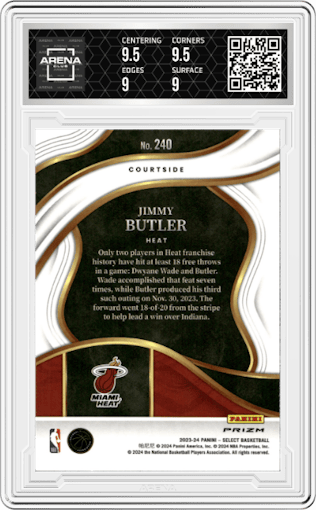 Jimmy Butler from the 2023-24 Panini Select  set featuring a Tiger parallel graded by Arena Club and given an overall grade of 9.5.