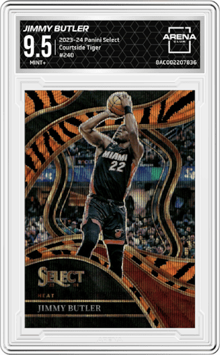 Jimmy Butler from the 2023-24 Panini Select  set featuring a Tiger parallel graded by Arena Club and given an overall grade of 9.5.