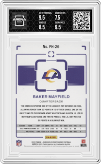 Baker Mayfield from the 2022 Panini Chronicles set featuring a Prime parallel graded by Arena Club and given an overall grade of 8.