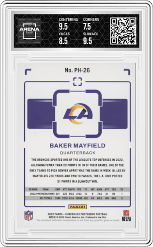 Baker Mayfield from the 2022 Panini Chronicles set featuring a Prime parallel graded by Arena Club and given an overall grade of 8.