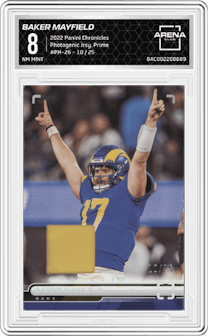 Baker Mayfield from the 2022 Panini Chronicles set featuring a Prime parallel graded by Arena Club and given an overall grade of 8.