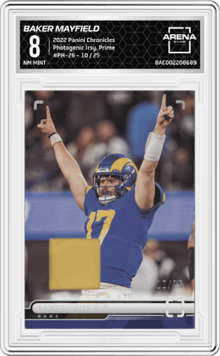 Baker Mayfield from the 2022 Panini Chronicles set featuring a Prime parallel graded by Arena Club and given an overall grade of 8.