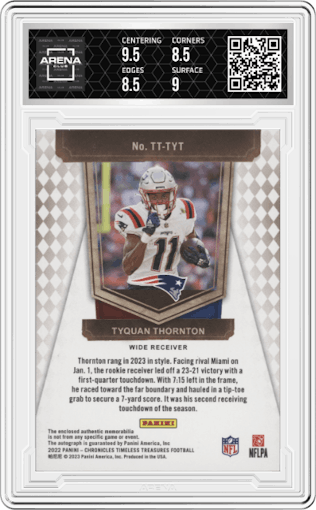 Tyquan Thornton from the 2022 Panini Chronicles set graded by Arena Club and given an overall grade of 9.