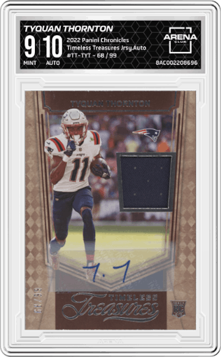 Tyquan Thornton from the 2022 Panini Chronicles set graded by Arena Club and given an overall grade of 9.