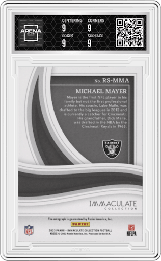 Michael Mayer from the 2023 Panini Immaculate Collection  set graded by Arena Club and given an overall grade of 9.
