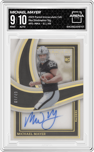 Michael Mayer from the 2023 Panini Immaculate Collection  set graded by Arena Club and given an overall grade of 9.