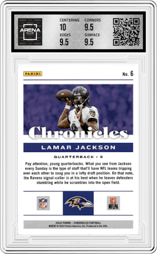 Lamar Jackson from the 2022 Panini Chronicles set featuring a Red parallel graded by Arena Club and given an overall grade of 10.