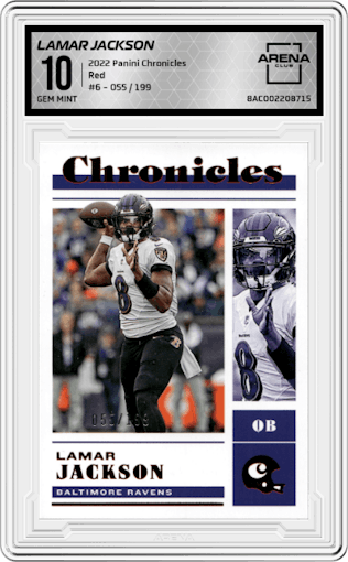 Lamar Jackson from the 2022 Panini Chronicles set featuring a Red parallel graded by Arena Club and given an overall grade of 10.
