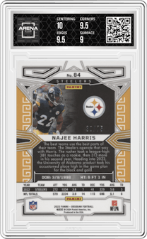 Najee Harris from the 2023 Panini Obsidian set featuring a Electric Etch Purple parallel graded by Arena Club and given an overall grade of 9.5.