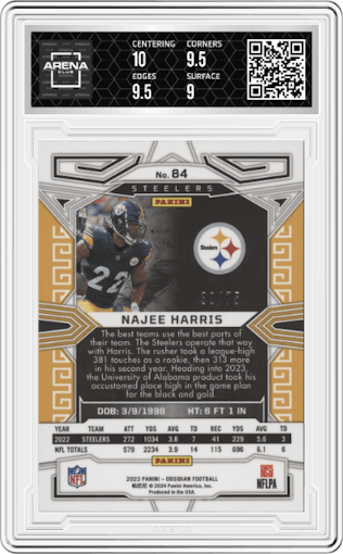 Najee Harris from the 2023 Panini Obsidian set featuring a Electric Etch Purple parallel graded by Arena Club and given an overall grade of 9.5.