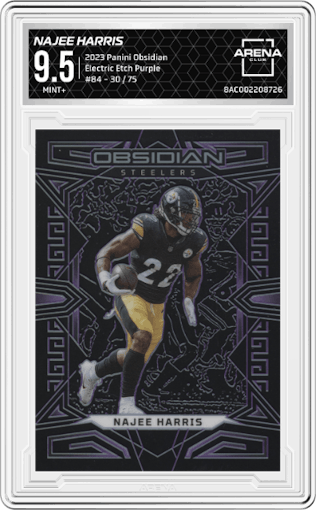 Najee Harris from the 2023 Panini Obsidian set featuring a Electric Etch Purple parallel graded by Arena Club and given an overall grade of 9.5.