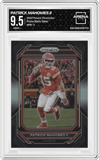 Patrick Mahomes II from the 2022 Panini Chronicles set featuring a Silver parallel graded by Arena Club and given an overall grade of 9.5.