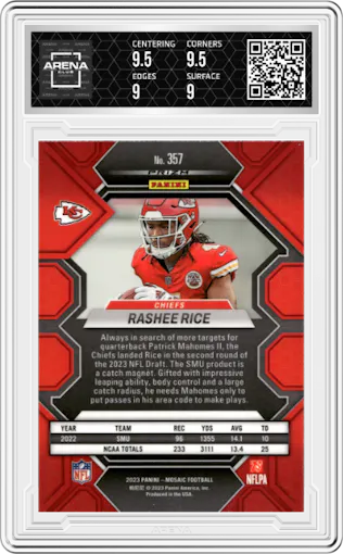 Rashee Rice from the 2023 Panini Mosaic set featuring a Reactive Blue parallel graded by Arena Club and given an overall grade of 9.5.