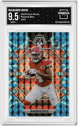Rashee Rice from the 2023 Panini Mosaic set featuring a Reactive Blue parallel graded by Arena Club and given an overall grade of 9.5.