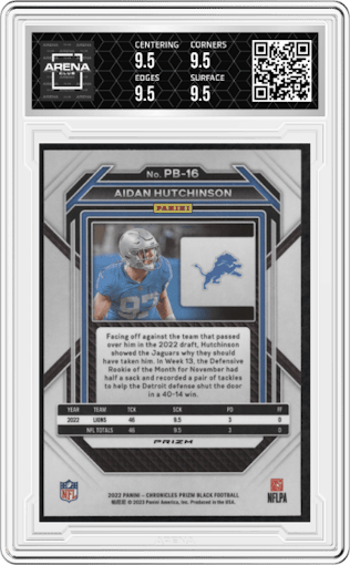 Aidan Hutchinson from the 2022 Panini Chronicles set featuring a Silver parallel graded by Arena Club and given an overall grade of 9.5.