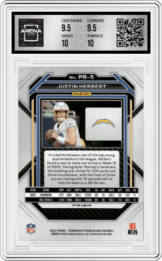Justin Herbert from the 2022 Panini Chronicles set featuring a Silver parallel graded by Arena Club and given an overall grade of 10.