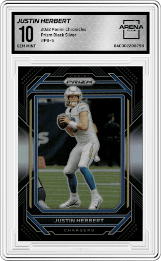 Justin Herbert from the 2022 Panini Chronicles set featuring a Silver parallel graded by Arena Club and given an overall grade of 10.