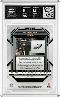 Jalen Hurts from the 2022 Panini Chronicles set featuring a Silver parallel graded by Arena Club and given an overall grade of 9.5.