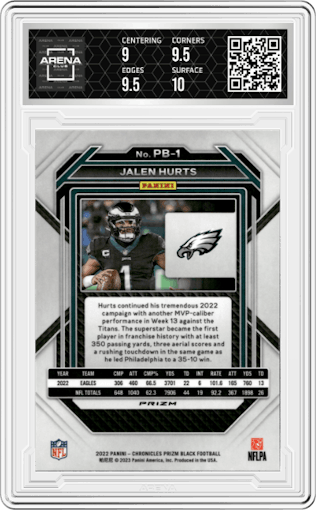 Jalen Hurts from the 2022 Panini Chronicles set featuring a Silver parallel graded by Arena Club and given an overall grade of 9.5.