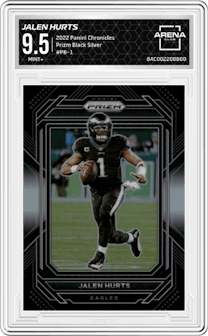 Jalen Hurts from the 2022 Panini Chronicles set featuring a Silver parallel graded by Arena Club and given an overall grade of 9.5.
