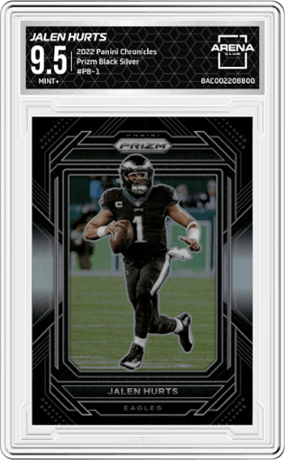 Jalen Hurts from the 2022 Panini Chronicles set featuring a Silver parallel graded by Arena Club and given an overall grade of 9.5.