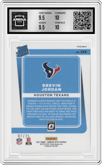 Brevin Jordan from the 2021 Panini Donruss Optic set featuring a Black Pandora parallel graded by Arena Club and given an overall grade of 10.