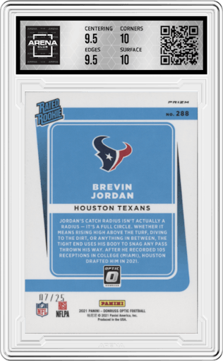 Brevin Jordan from the 2021 Panini Donruss Optic set featuring a Black Pandora parallel graded by Arena Club and given an overall grade of 10.