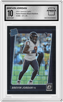 Brevin Jordan from the 2021 Panini Donruss Optic set featuring a Black Pandora parallel graded by Arena Club and given an overall grade of 10.
