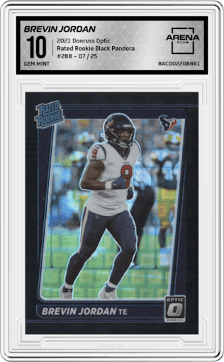 Brevin Jordan from the 2021 Panini Donruss Optic set featuring a Black Pandora parallel graded by Arena Club and given an overall grade of 10.