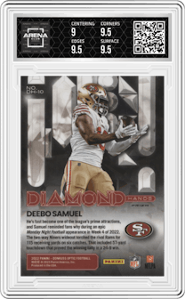 Deebo Samuel from the 2022 Panini Donruss Optic set graded by Arena Club and given an overall grade of 9.5.