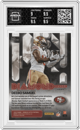 Deebo Samuel from the 2022 Panini Donruss Optic set graded by Arena Club and given an overall grade of 9.5.