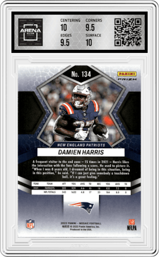 Damien Harris from the 2022 Panini Mosaic set featuring a Choice Peacock parallel graded by Arena Club and given an overall grade of 10.