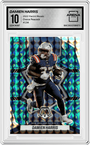Damien Harris from the 2022 Panini Mosaic set featuring a Choice Peacock parallel graded by Arena Club and given an overall grade of 10.