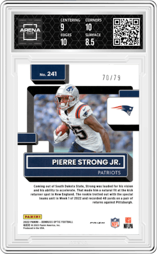 Pierre Strong Jr. from the 2022 Panini Donruss Optic set featuring a Pink Velocity parallel graded by Arena Club and given an overall grade of 9.