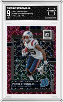 Pierre Strong Jr. from the 2022 Panini Donruss Optic set featuring a Pink Velocity parallel graded by Arena Club and given an overall grade of 9.