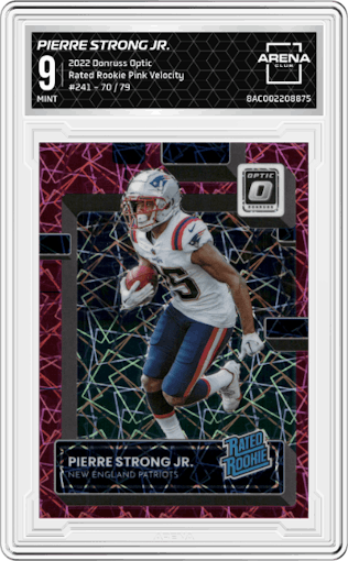Pierre Strong Jr. from the 2022 Panini Donruss Optic set featuring a Pink Velocity parallel graded by Arena Club and given an overall grade of 9.