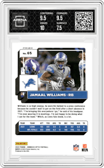 Jamaal Williams from the 2022 Panini Donruss Optic set featuring a  Pink Velocity parallel graded by Arena Club and given an overall grade of 8.