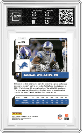 Jamaal Williams from the 2022 Panini Donruss Optic set featuring a  Pink Velocity parallel graded by Arena Club and given an overall grade of 8.