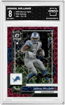 Jamaal Williams from the 2022 Panini Donruss Optic set featuring a  Pink Velocity parallel graded by Arena Club and given an overall grade of 8.
