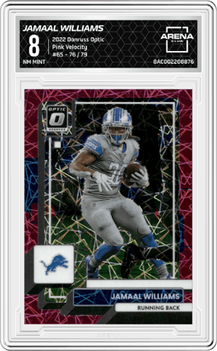 Jamaal Williams from the 2022 Panini Donruss Optic set featuring a  Pink Velocity parallel graded by Arena Club and given an overall grade of 8.