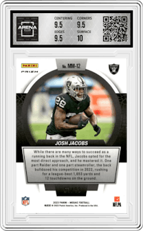Josh Jacobs from the 2023 Panini Mosaic set featuring a Blue Mosaic parallel graded by Arena Club and given an overall grade of 10.