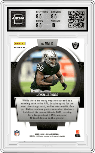 Josh Jacobs from the 2023 Panini Mosaic set featuring a Blue Mosaic parallel graded by Arena Club and given an overall grade of 10.