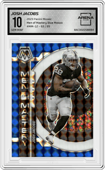 Josh Jacobs from the 2023 Panini Mosaic set featuring a Blue Mosaic parallel graded by Arena Club and given an overall grade of 10.