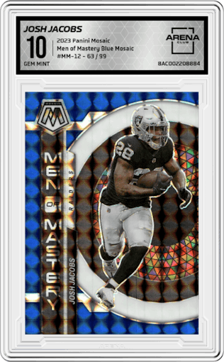 Josh Jacobs from the 2023 Panini Mosaic set featuring a Blue Mosaic parallel graded by Arena Club and given an overall grade of 10.