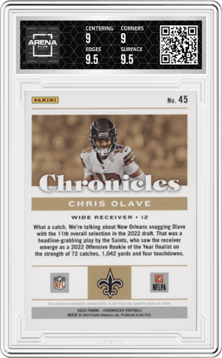 Chris Olave from the 2022 Panini Chronicles set graded by Arena Club and given an overall grade of 9.5.